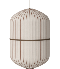 Lampa wisząca Luc&eacute;n Bolia &Oslash;62 x H92 cm - cylinder, piaskowa tkanina, olejowany ciemny dąb