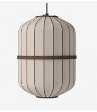 Lampa wisząca Luc&eacute;n Bolia &Oslash;28 x H37,5 cm - cylinder, piaskowa tkanina, olejowany ciemny dąb