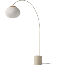 Lampa podłogowa Acorn Bolia - kremowa z tkaniną ivory, detalem z dębiny i podst. z piaskowego trawertynu