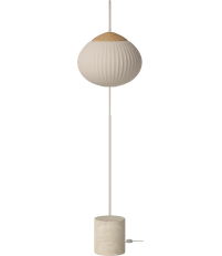 Lampa podłogowa Acorn Bolia - kremowa z piaskową tkaniną, detalem z dębiny i podst. z piaskowego trawertynu